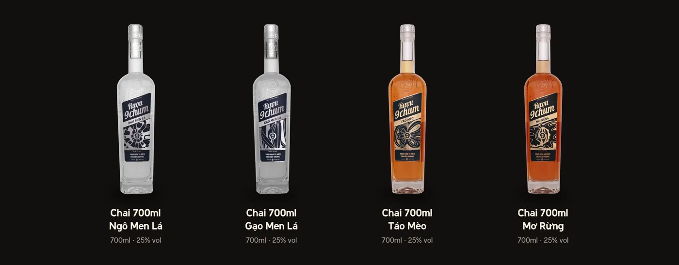 Bốn chai rượu 9 Chum 700ml 25 độ: ngô men lá, gạo men lá, táo mèo, mơ rừng