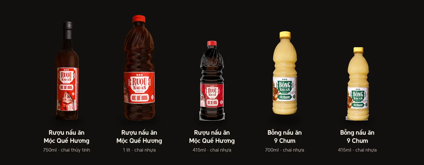 Rượu nấu ăn Mộc Quế Hương ba cỡ 750ml, 1 lít, 415ml và bỗng nấu ăn 9 Chum hai cỡ 700ml, 415ml