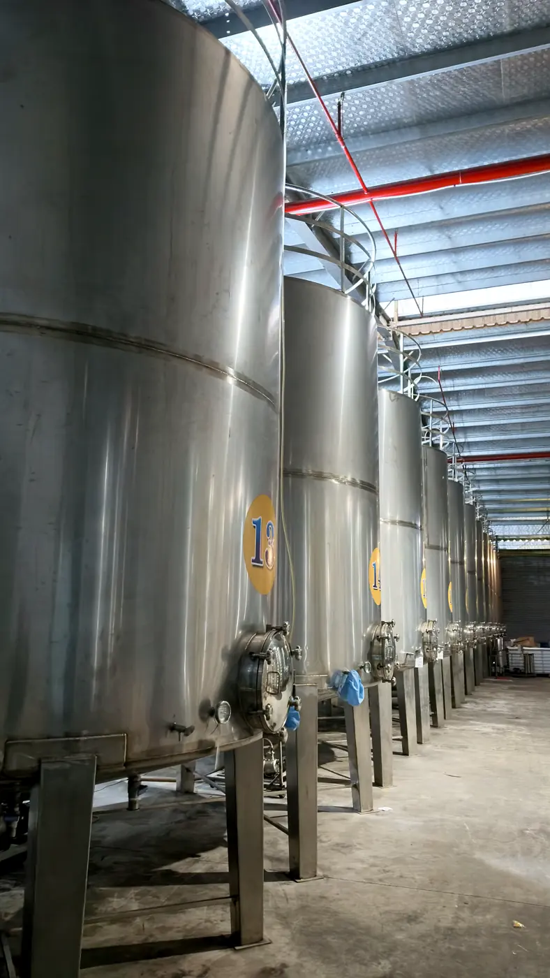 Hàng tank inox 20.000 lít đánh số trong khu ngâm ủ của nhà máy 9 Chum, nhìn dọc theo dãy